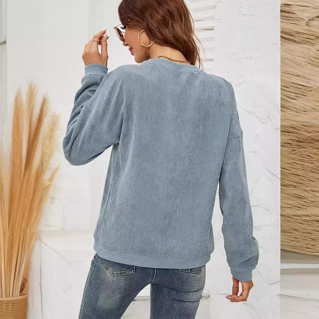 Sweatshirt en corduroy, col rond, manches longues, femme.